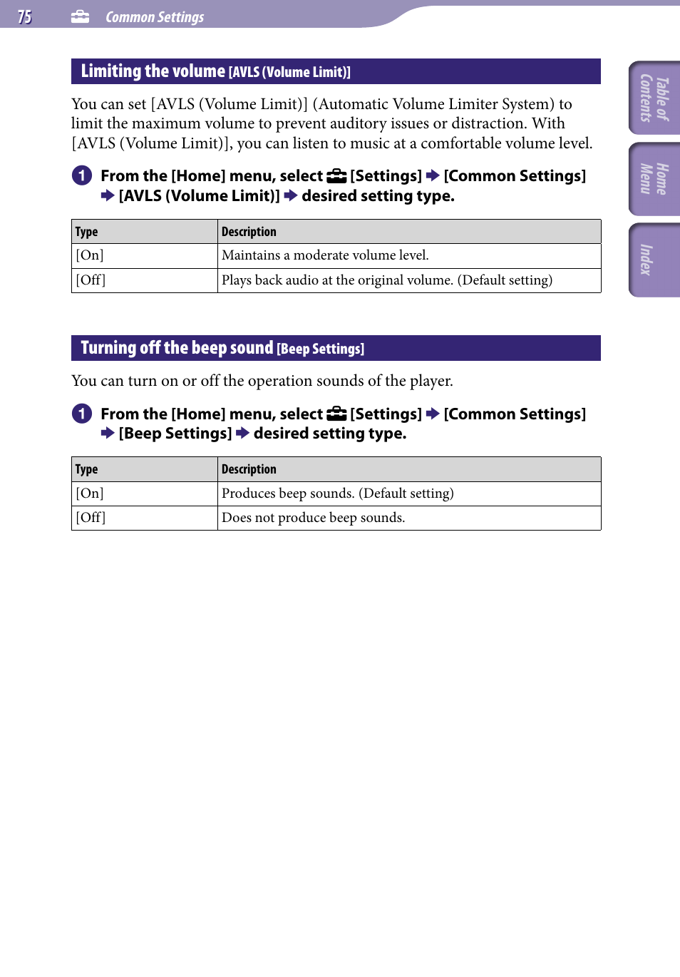 Limiting the volume [avls (volume limit), Turning off the beep sound [beep settings, Limiting the volume | Avls (volume limit), Turning off the beep sound, Beep settings | Sony NWZ-E345 User Manual | Page 75 / 119