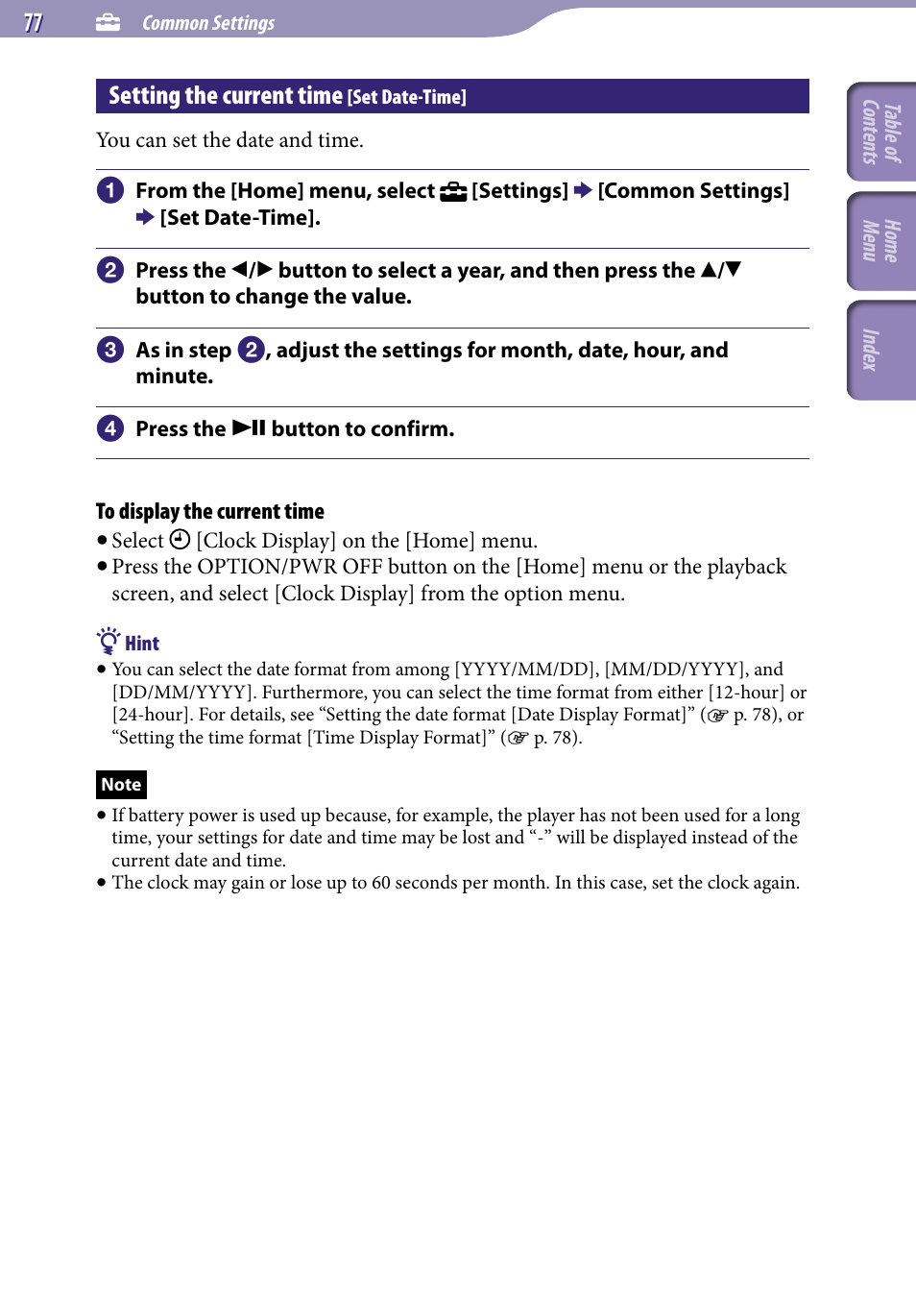 Setting the current time [set date-time, Setting the current time, Set date-time | Sony NWZ-E345 User Manual | Page 77 / 119