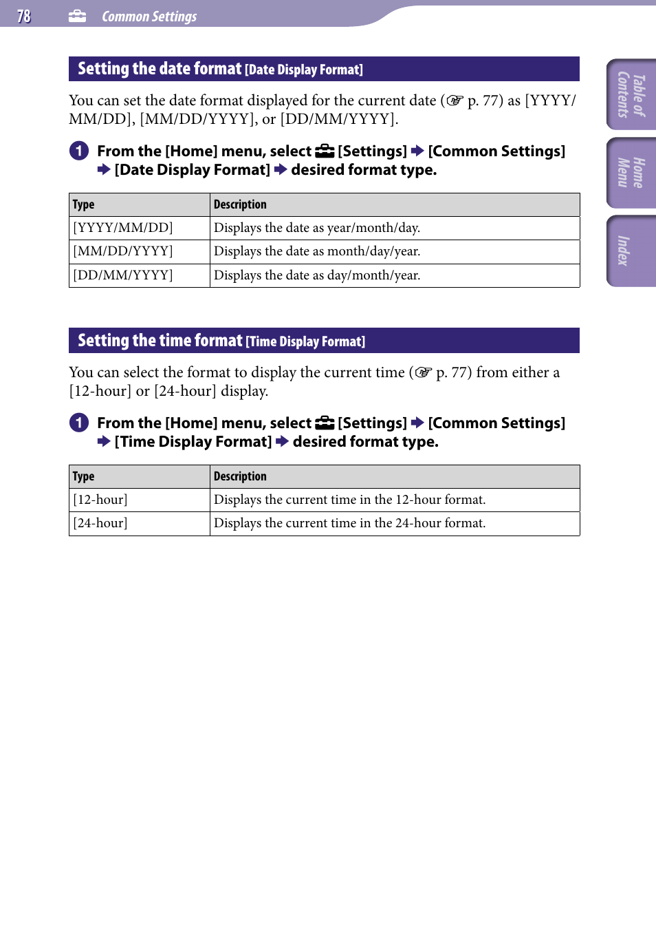 Setting the date format [date display format, Setting the time format [time display format, Setting the date format | Date display format, Setting the time format, Time display format, E “setting the date format [date display format, 78), o | Sony NWZ-E345 User Manual | Page 78 / 119