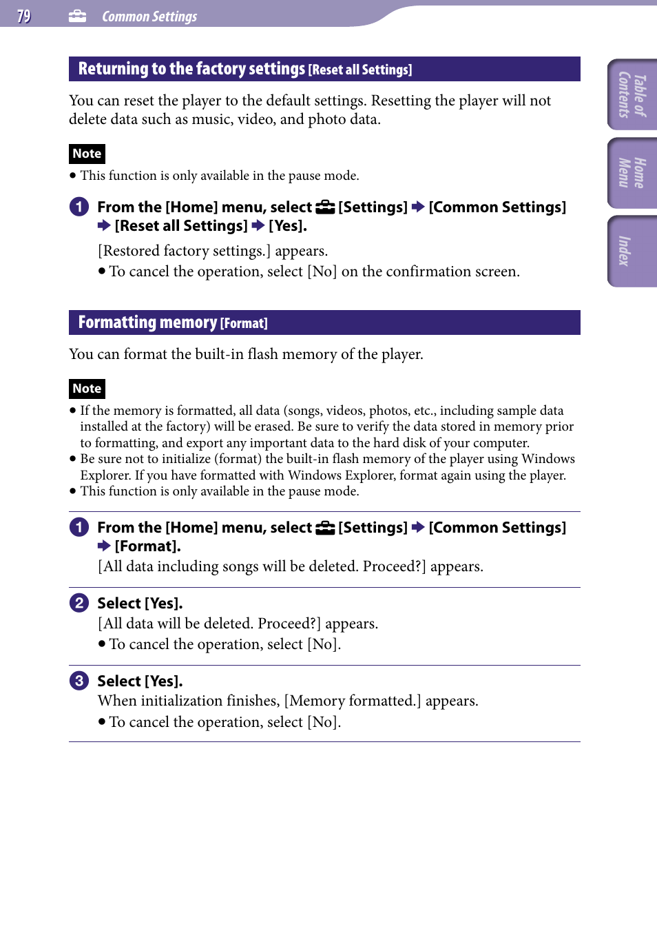 Formatting memory [format, Returning to the factory settings, Reset all settings | Formatting memory, Format | Sony NWZ-E345 User Manual | Page 79 / 119