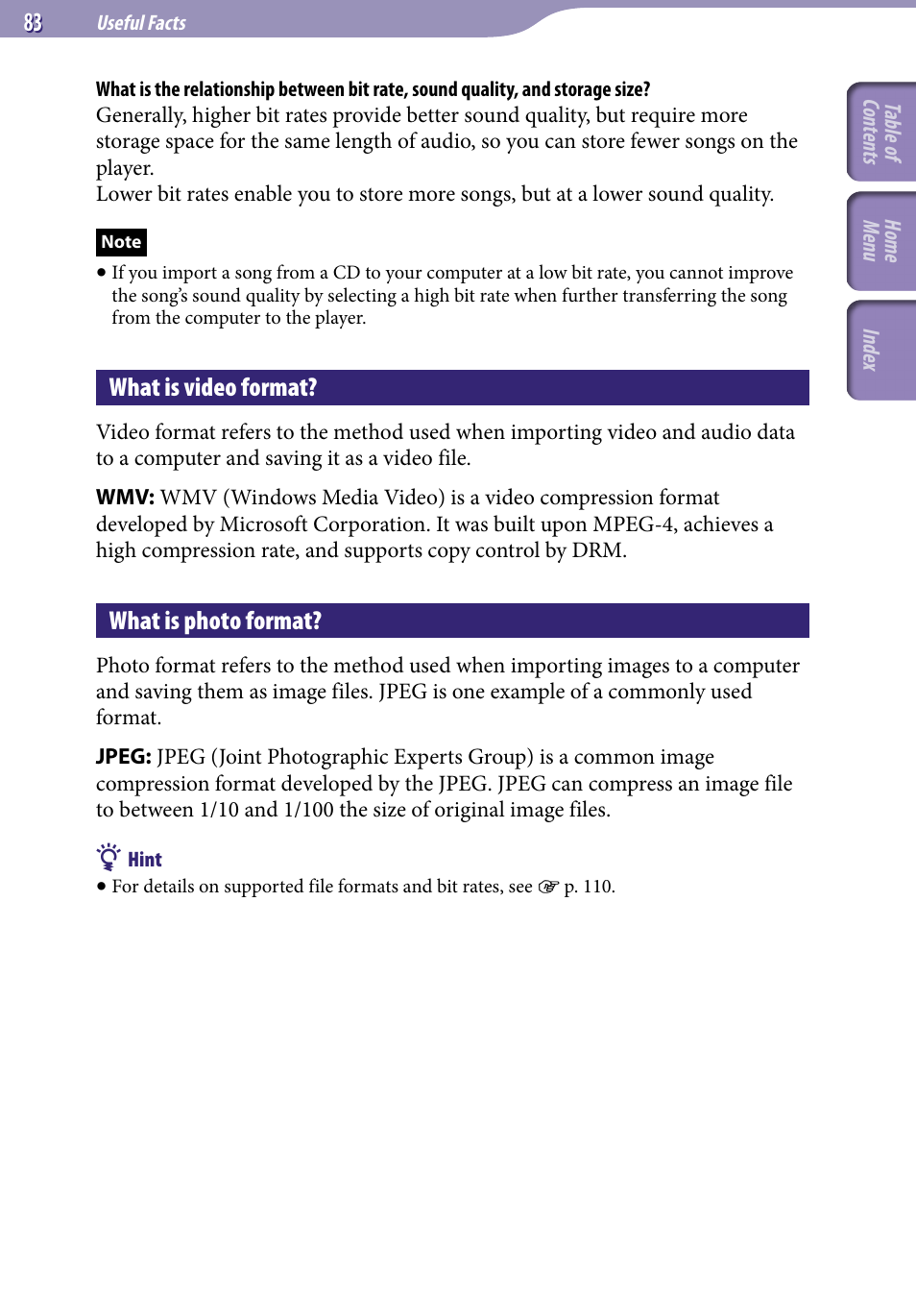 What is video format, What is photo format | Sony NWZ-E345 User Manual | Page 83 / 119