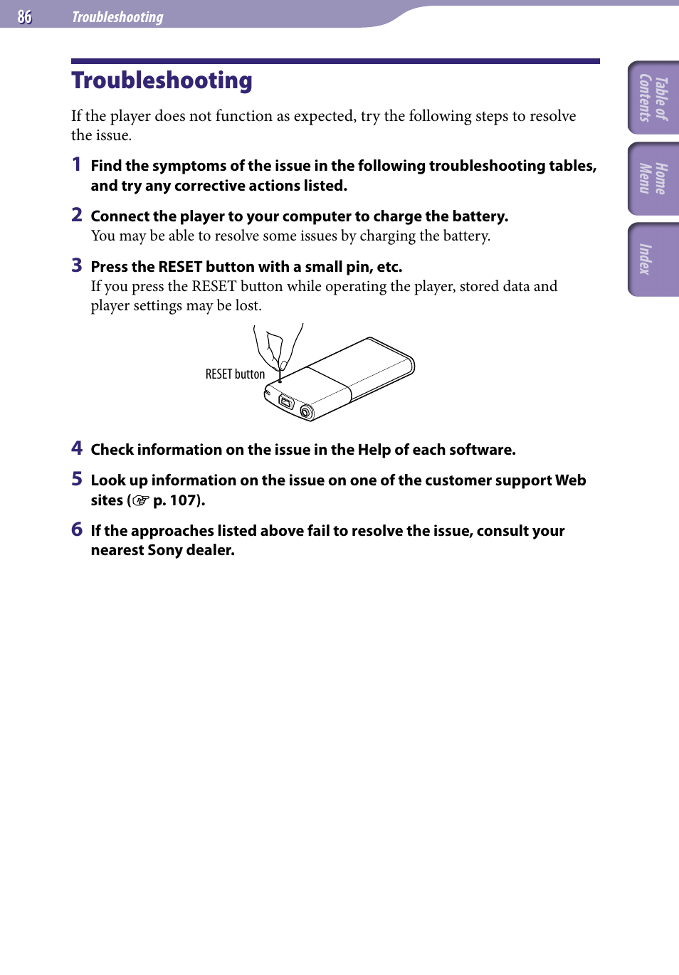 Troubleshooting | Sony NWZ-E345 User Manual | Page 86 / 119