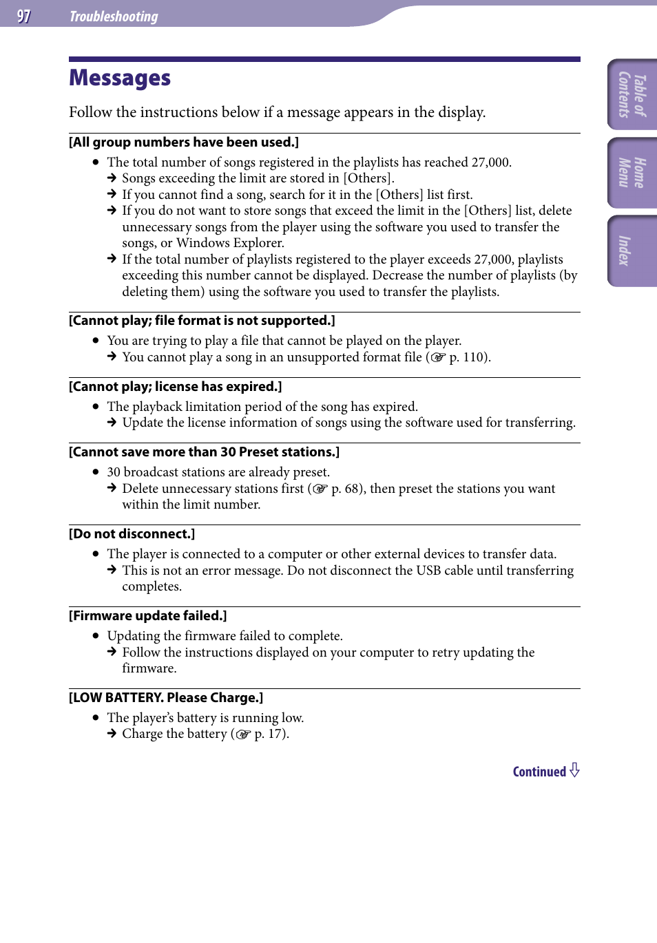 Messages, E “messages | Sony NWZ-E345 User Manual | Page 97 / 119