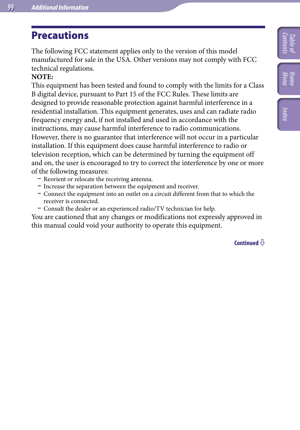 Additional information, Precautions | Sony NWZ-E345 User Manual | Page 99 / 119