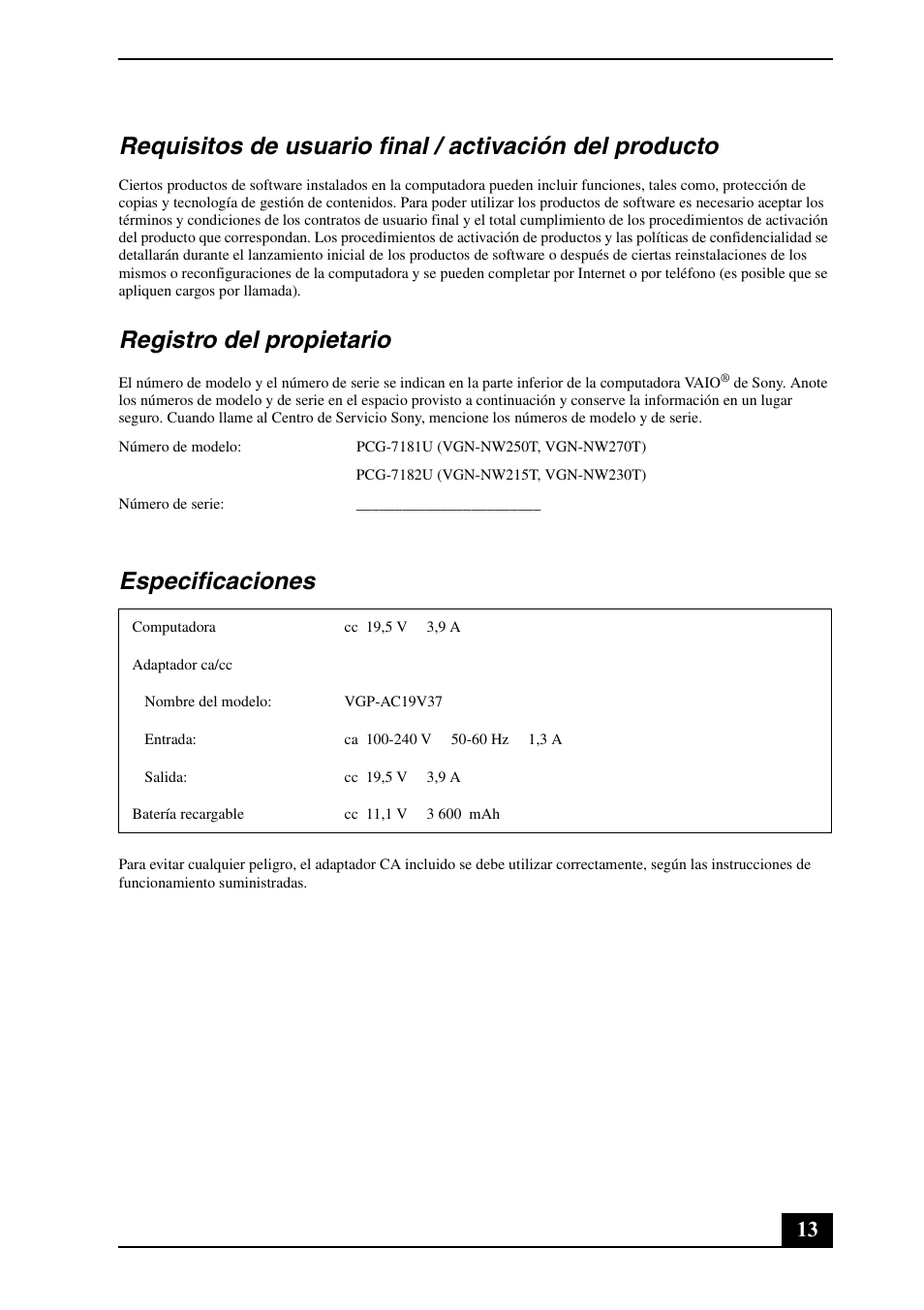 Registro del propietario, Especificaciones | Sony VGN-NW250F User Manual | Page 13 / 24