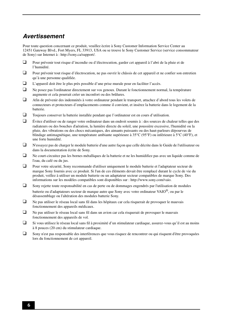 Avertissement | Sony VGN-NW250F User Manual | Page 6 / 24
