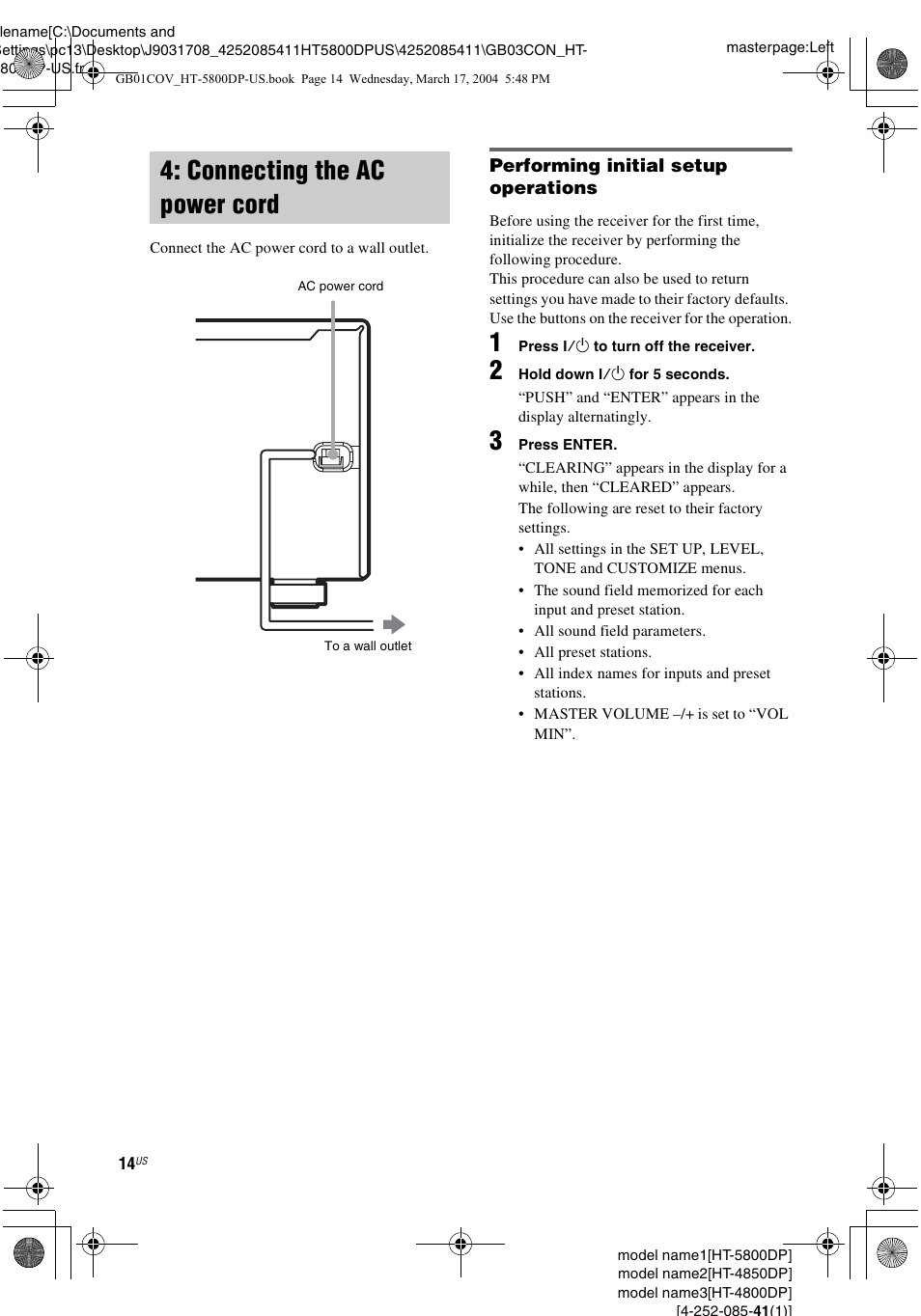 Connecting the ac power cord | Sony HT-4850DP User Manual | Page 14 / 48
