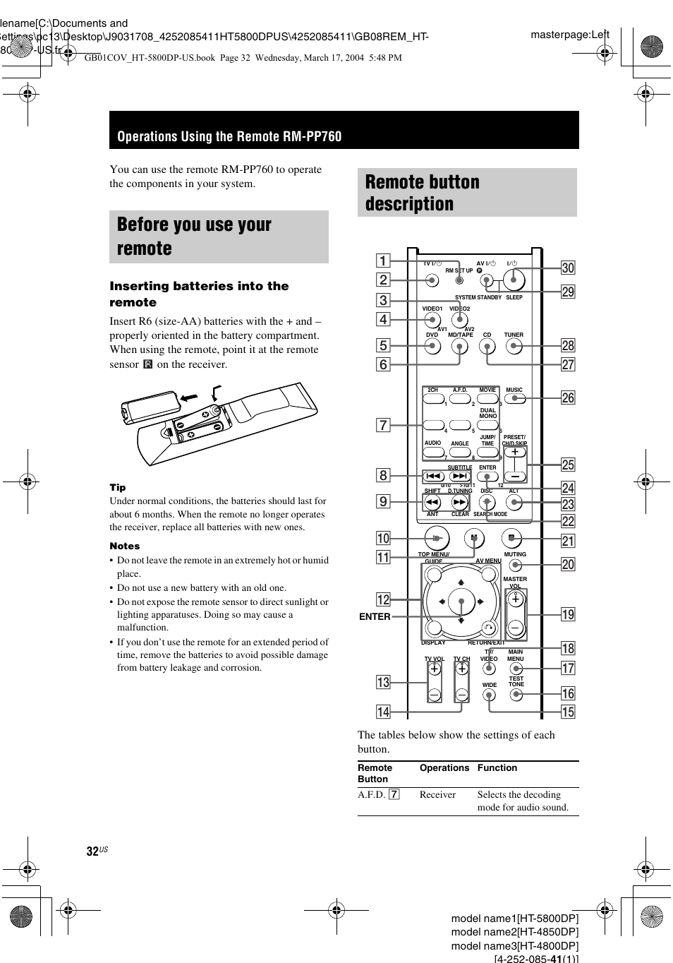 Operations using the remote rm-pp760, Before you use your remote, Remote button description | Inserting batteries into the remote, The tables below show the settings of each button | Sony HT-4850DP User Manual | Page 32 / 48