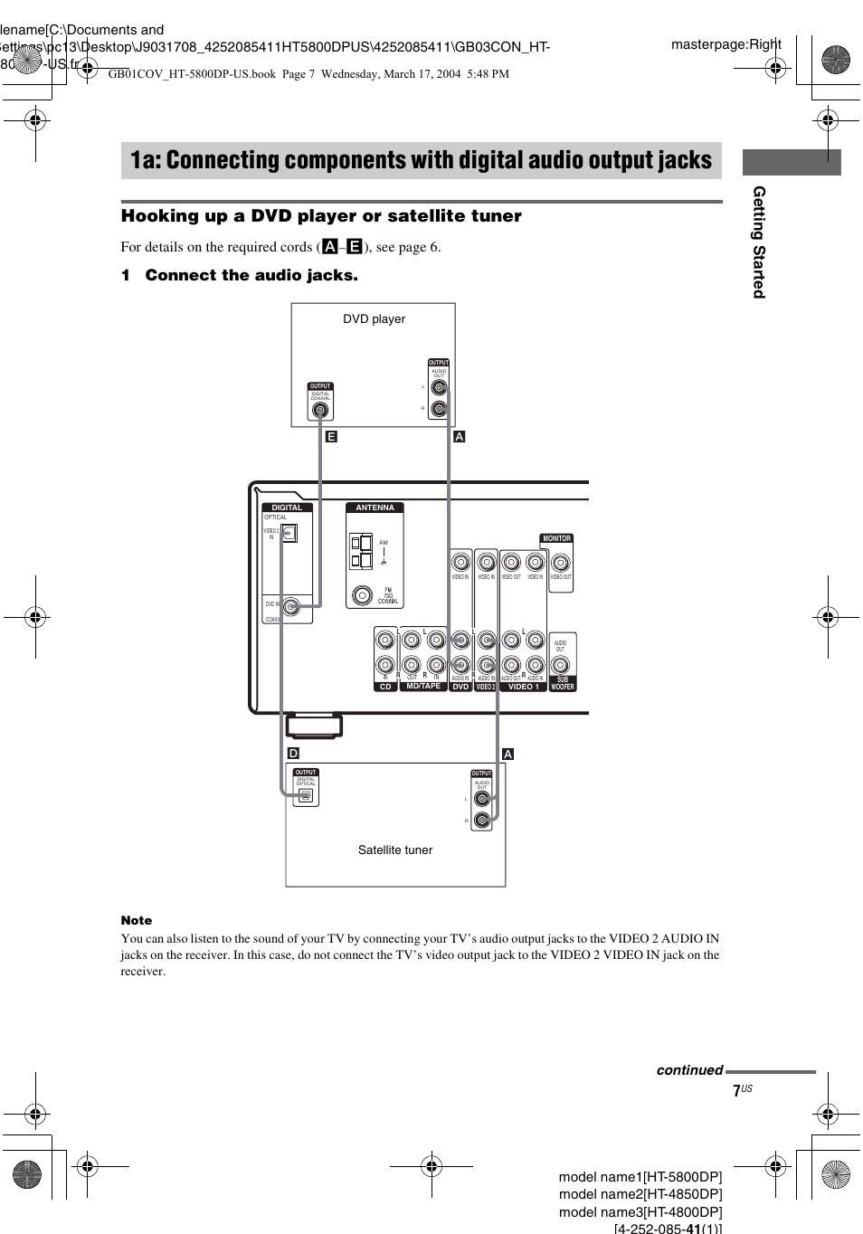 1a: connecting components with, Digital audio output jacks, Hooking up a dvd player or satellite tuner | Gettin g star ted, 1connect the audio jacks, For details on the required cords ( a, E), see page 6, Continued, Satellite tuner dvd player | Sony HT-4850DP User Manual | Page 7 / 48