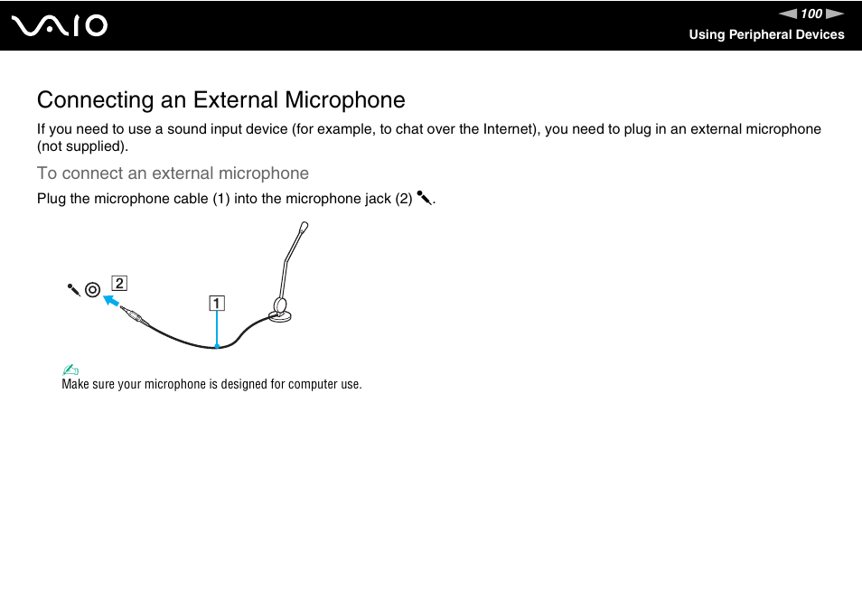 Connecting an external microphone | Sony VGN-AW190NAB User Manual | Page 100 / 220
