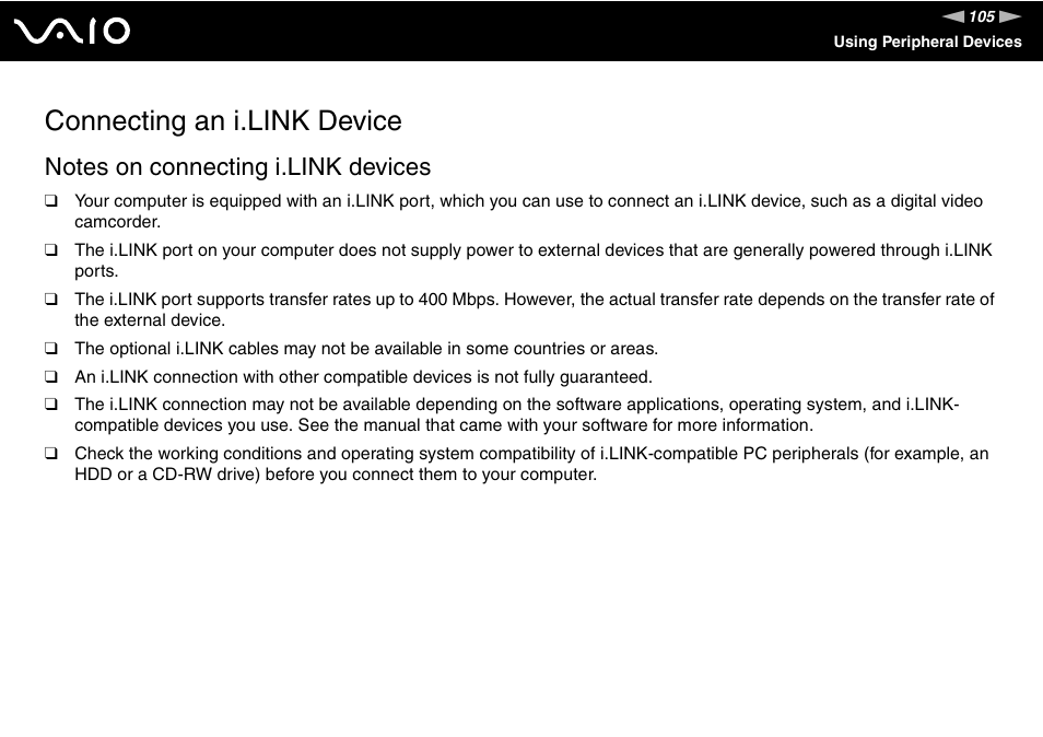 Connecting an i.link device | Sony VGN-AW190NAB User Manual | Page 105 / 220