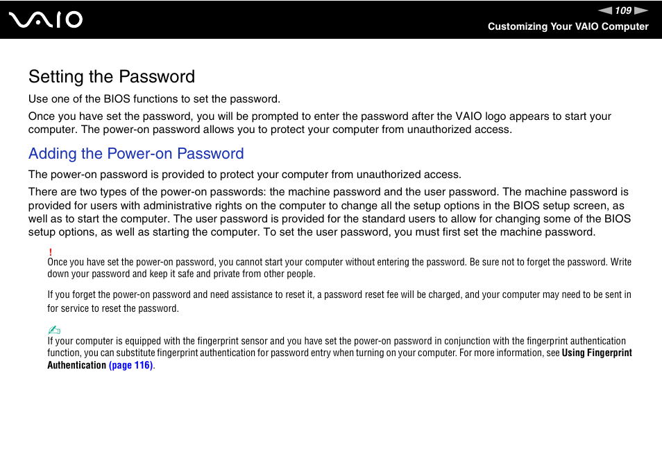 Setting the password, Adding the power-on password | Sony VGN-AW190NAB User Manual | Page 109 / 220