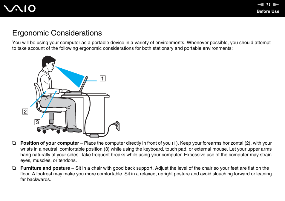 Ergonomic considerations | Sony VGN-AW190NAB User Manual | Page 11 / 220