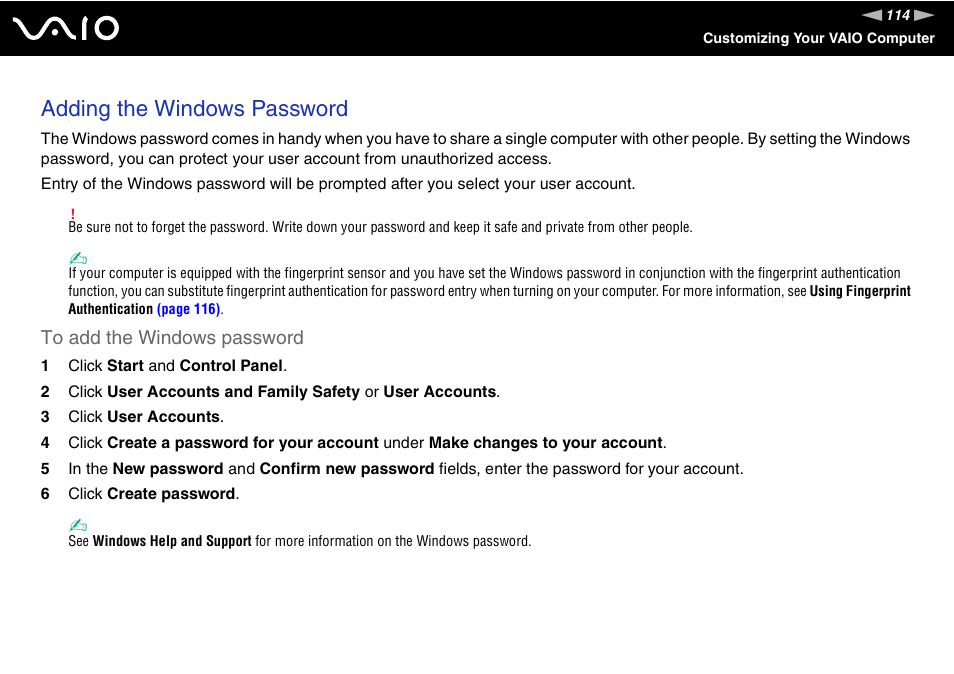 Adding the windows password | Sony VGN-AW190NAB User Manual | Page 114 / 220