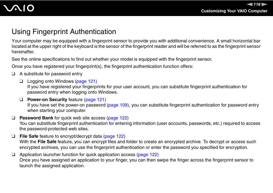 Using fingerprint authentication | Sony VGN-AW190NAB User Manual | Page 116 / 220