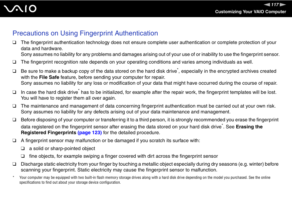 Precautions on using fingerprint authentication | Sony VGN-AW190NAB User Manual | Page 117 / 220