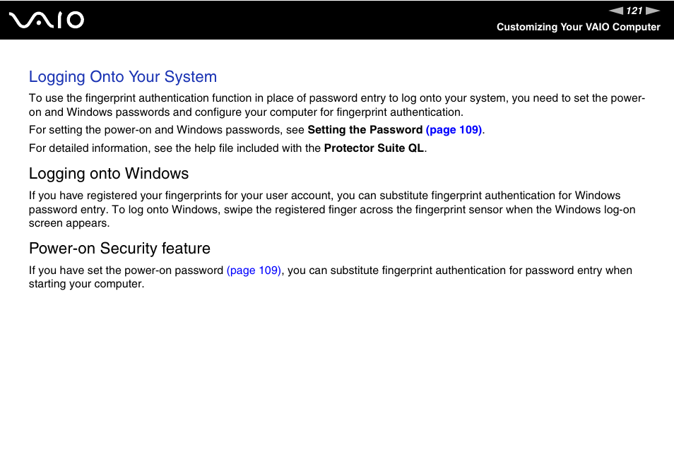 Logging onto your system, Logging onto windows, Power-on security feature | Sony VGN-AW190NAB User Manual | Page 121 / 220
