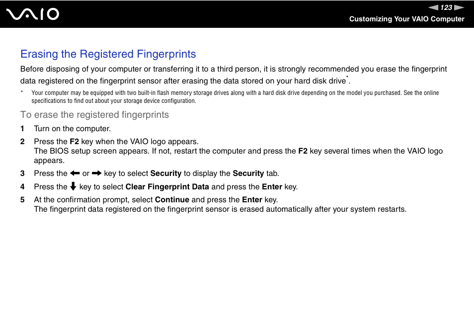 Erasing the registered fingerprints | Sony VGN-AW190NAB User Manual | Page 123 / 220