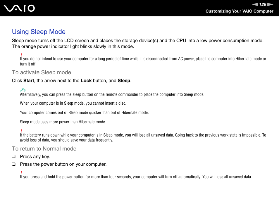 Using sleep mode | Sony VGN-AW190NAB User Manual | Page 126 / 220