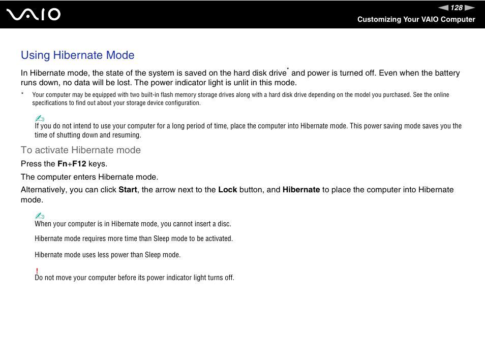 Using hibernate mode | Sony VGN-AW190NAB User Manual | Page 128 / 220