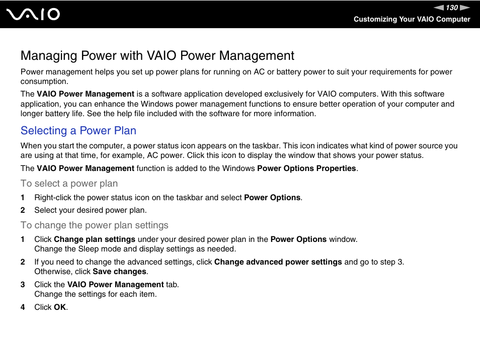 Managing power with vaio power management, Selecting a power plan | Sony VGN-AW190NAB User Manual | Page 130 / 220