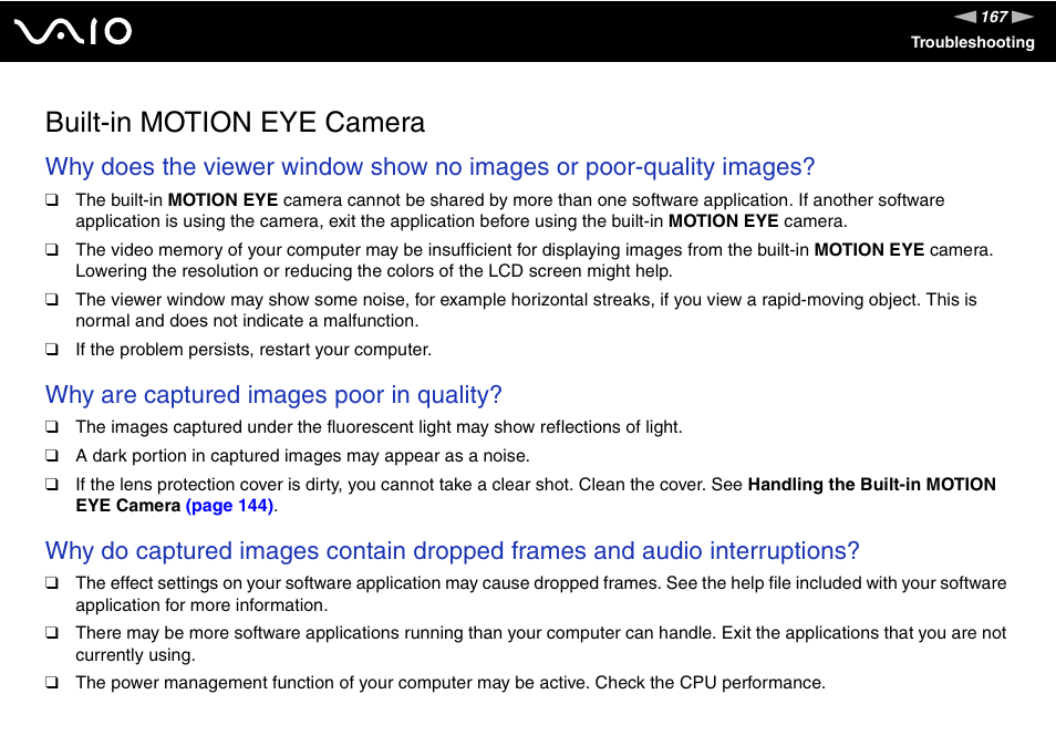 Built-in motion eye camera, Why are captured images poor in quality | Sony VGN-AW190NAB User Manual | Page 167 / 220
