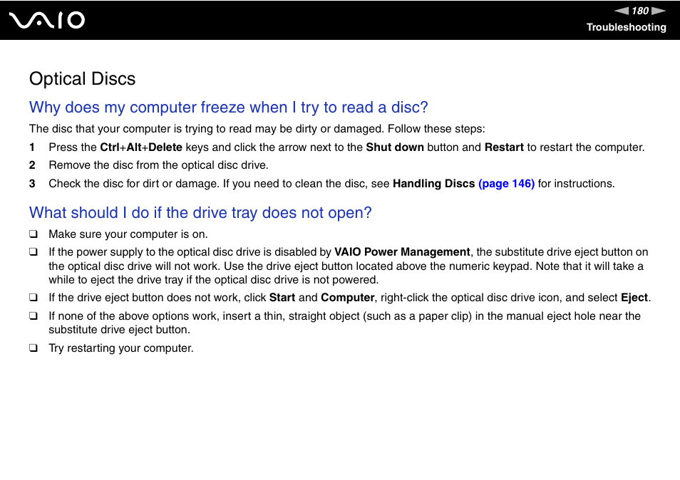 Optical discs, What should i do if the drive tray does not open | Sony VGN-AW190NAB User Manual | Page 180 / 220