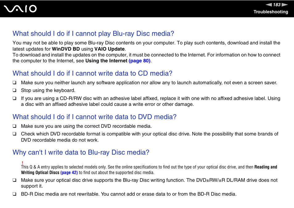 Why can't i write data to blu-ray disc media | Sony VGN-AW190NAB User Manual | Page 183 / 220