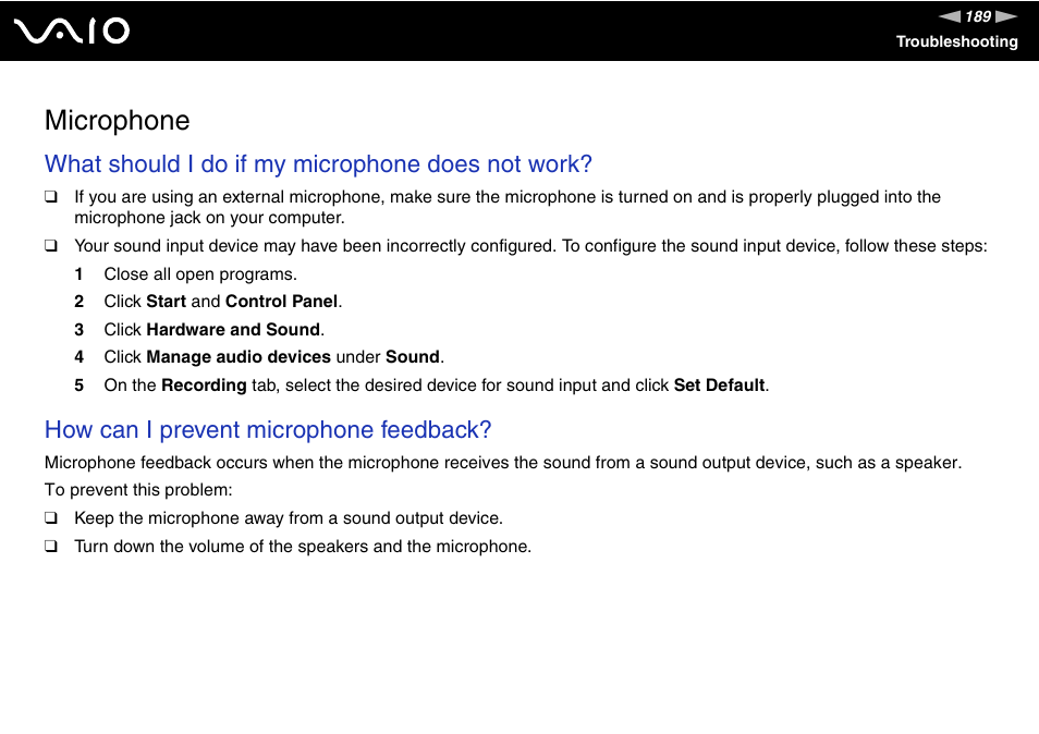 Microphone, What should i do if my microphone does not work, How can i prevent microphone feedback | Sony VGN-AW190NAB User Manual | Page 189 / 220