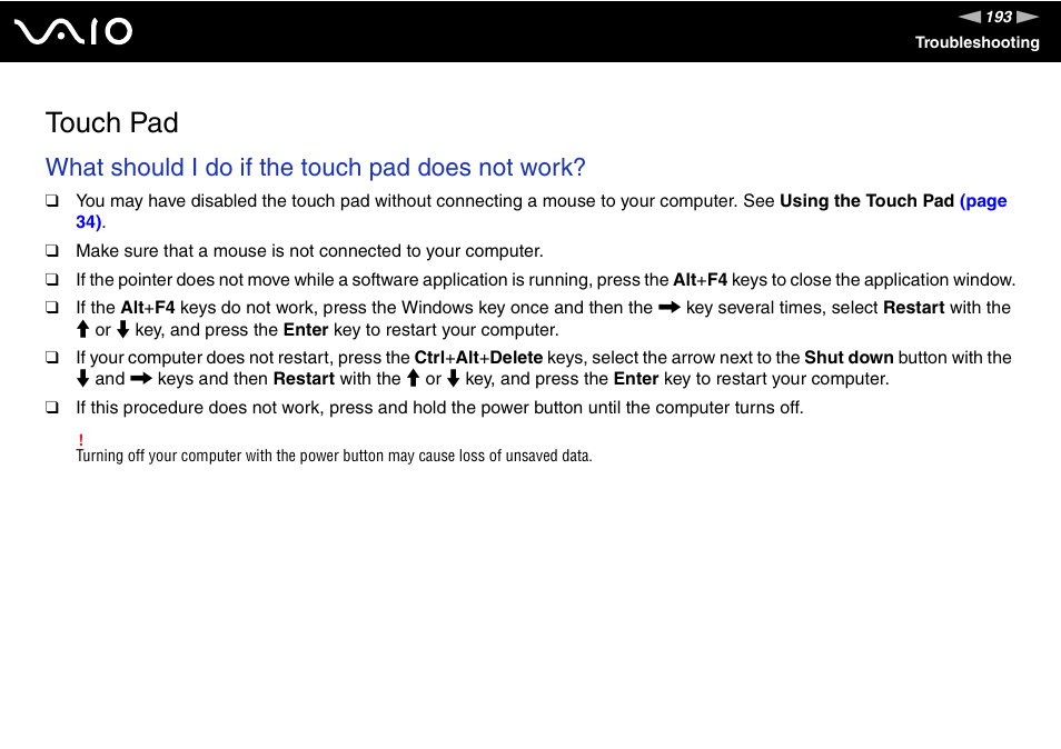 Touch pad, What should i do if the touch pad does not work | Sony VGN-AW190NAB User Manual | Page 193 / 220