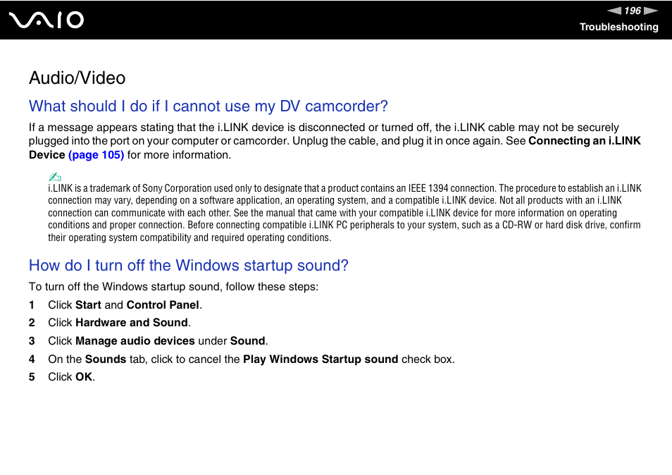 Audio/video, What should i do if i cannot use my dv camcorder, How do i turn off the windows startup sound | Sony VGN-AW190NAB User Manual | Page 196 / 220
