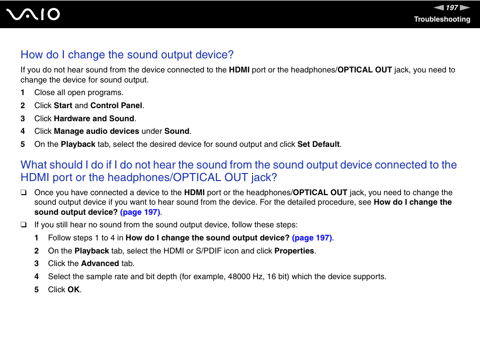 How do i change the sound output device | Sony VGN-AW190NAB User Manual | Page 197 / 220