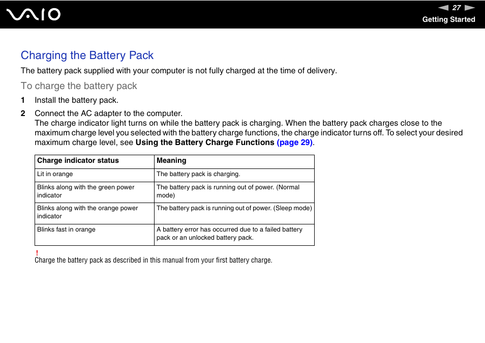 Charging the battery pack | Sony VGN-AW190NAB User Manual | Page 27 / 220