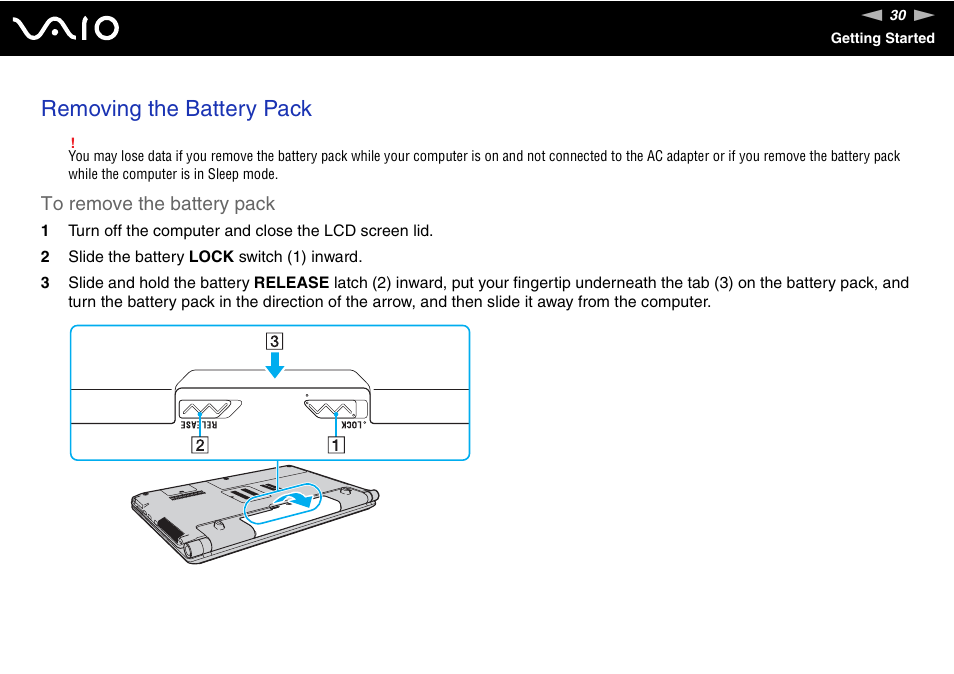 Removing the battery pack | Sony VGN-AW190NAB User Manual | Page 30 / 220