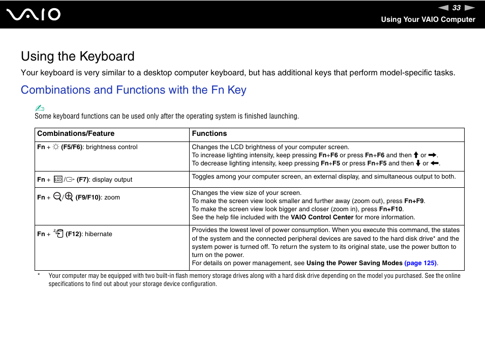 Using the keyboard, Combinations and functions with the fn key | Sony VGN-AW190NAB User Manual | Page 33 / 220