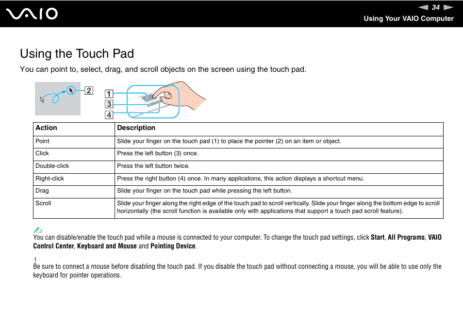 Using the touch pad | Sony VGN-AW190NAB User Manual | Page 34 / 220