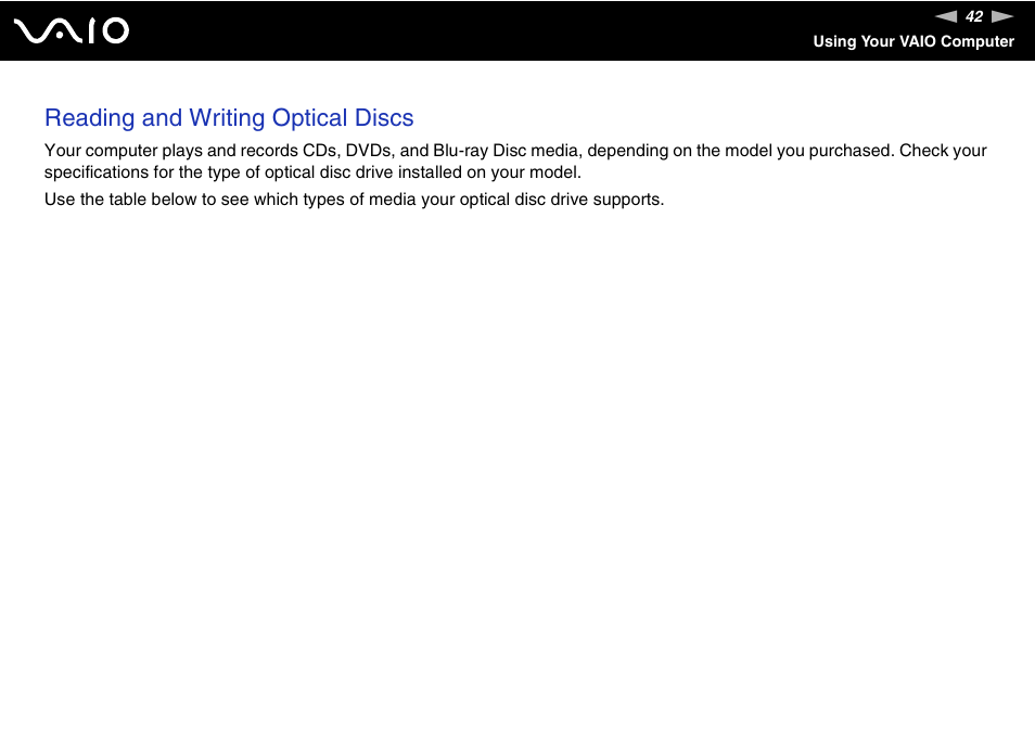 Reading and writing optical discs | Sony VGN-AW190NAB User Manual | Page 42 / 220