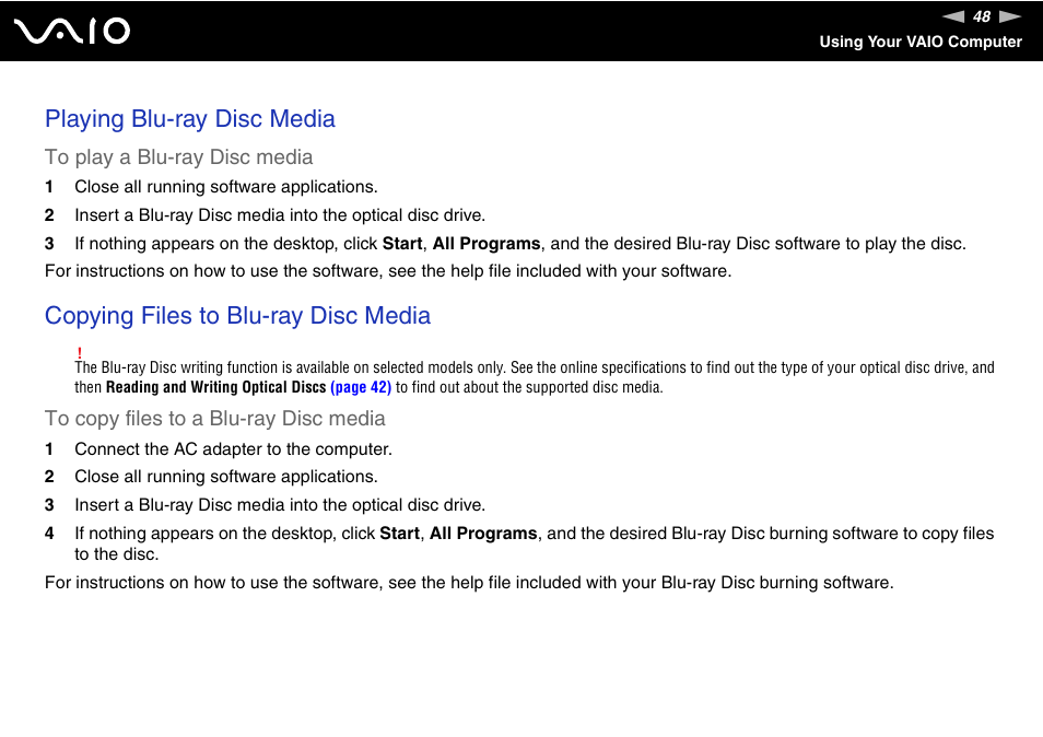 Playing blu-ray disc media, Copying files to blu-ray disc media | Sony VGN-AW190NAB User Manual | Page 48 / 220