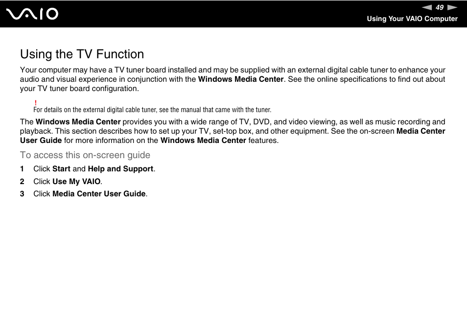 Using the tv function | Sony VGN-AW190NAB User Manual | Page 49 / 220