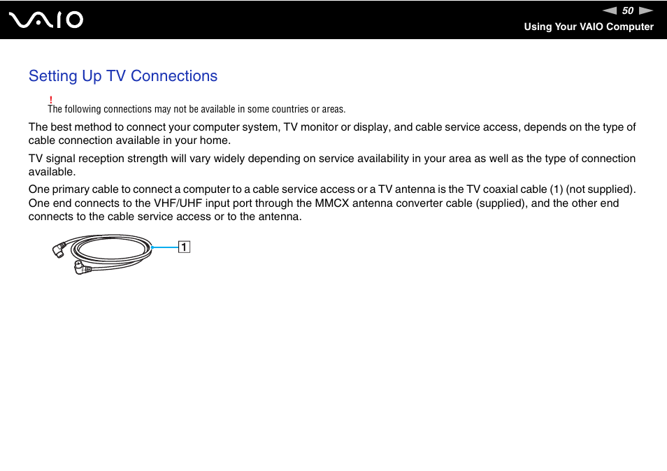 Setting up tv connections | Sony VGN-AW190NAB User Manual | Page 50 / 220