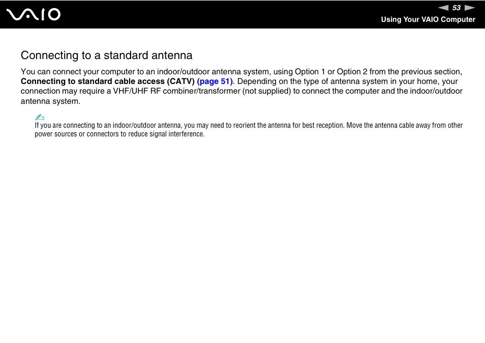 Connecting to a standard antenna | Sony VGN-AW190NAB User Manual | Page 53 / 220