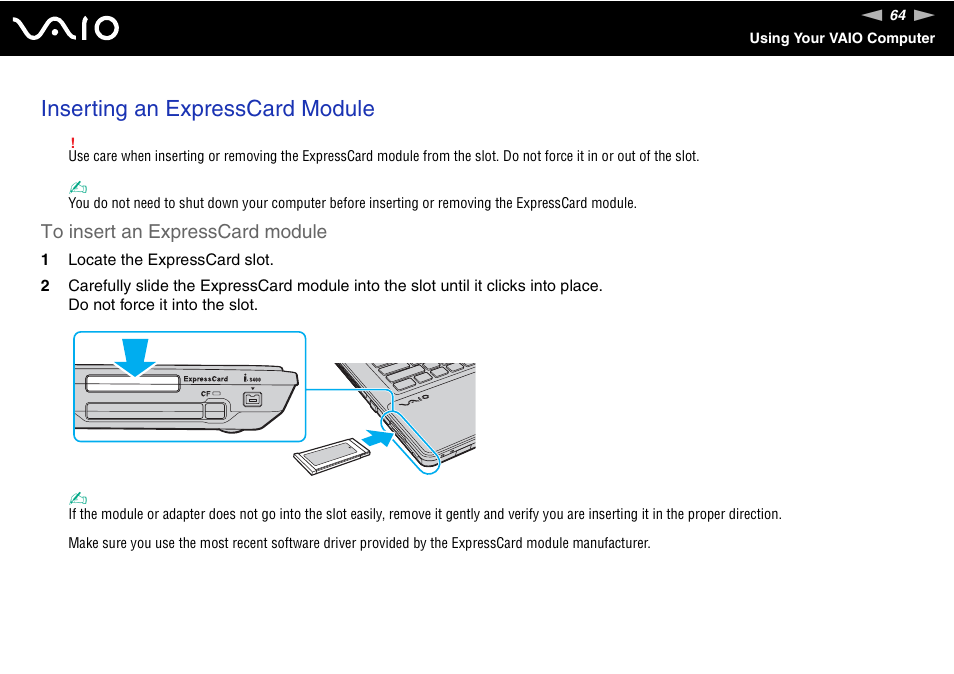 Inserting an expresscard module | Sony VGN-AW190NAB User Manual | Page 64 / 220