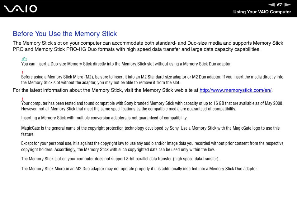 Sony VGN-AW190NAB User Manual | Page 67 / 220