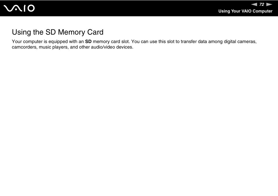 Using the sd memory card | Sony VGN-AW190NAB User Manual | Page 72 / 220