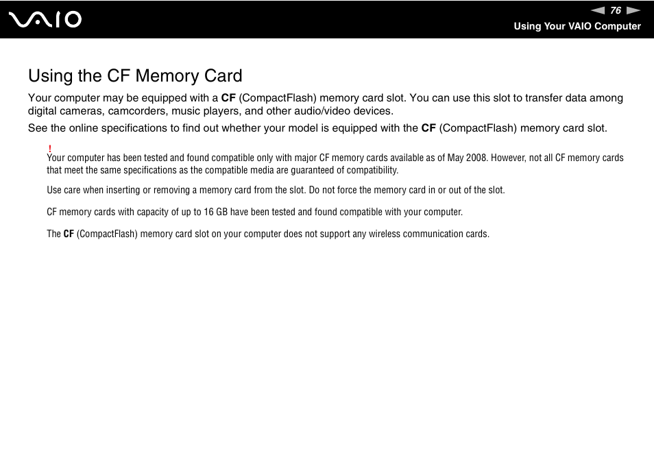 Using the cf memory card | Sony VGN-AW190NAB User Manual | Page 76 / 220