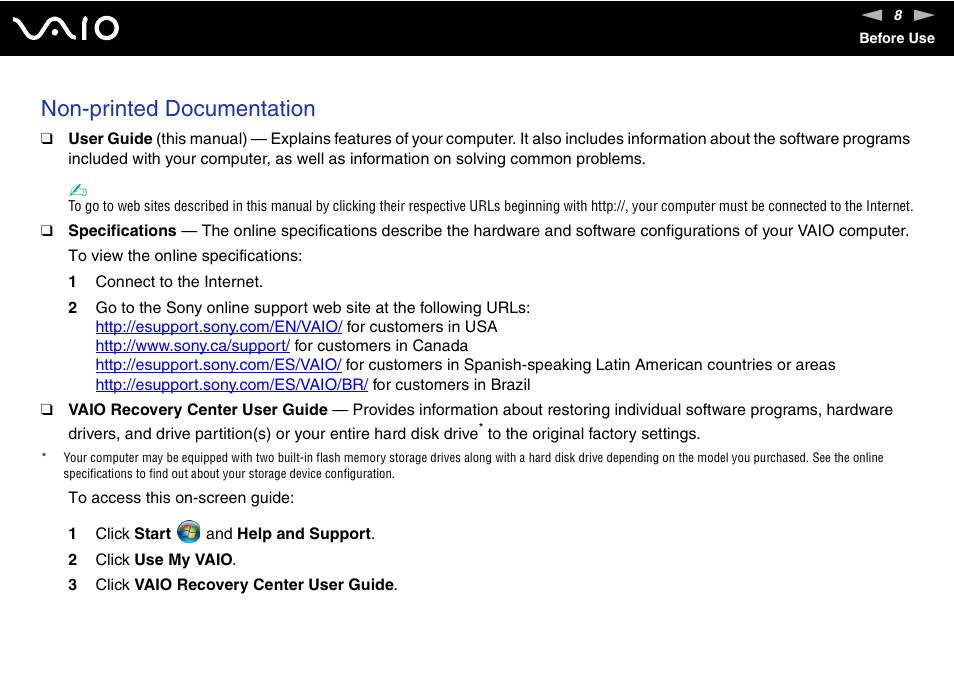 Non-printed documentation | Sony VGN-AW190NAB User Manual | Page 8 / 220