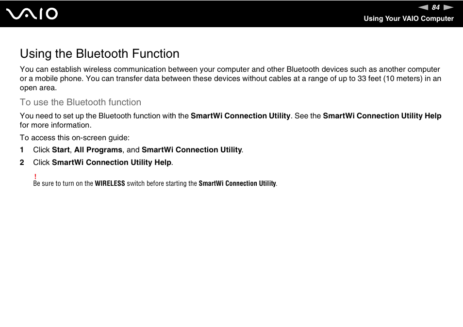 Using the bluetooth function, Tion | Sony VGN-AW190NAB User Manual | Page 84 / 220