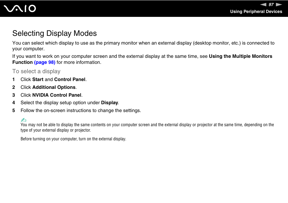 Selecting display modes | Sony VGN-AW190NAB User Manual | Page 97 / 220