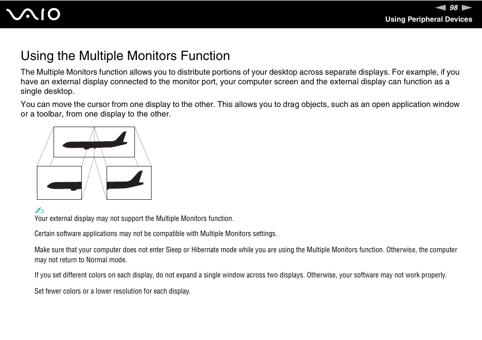Using the multiple monitors function, Tion | Sony VGN-AW190NAB User Manual | Page 98 / 220