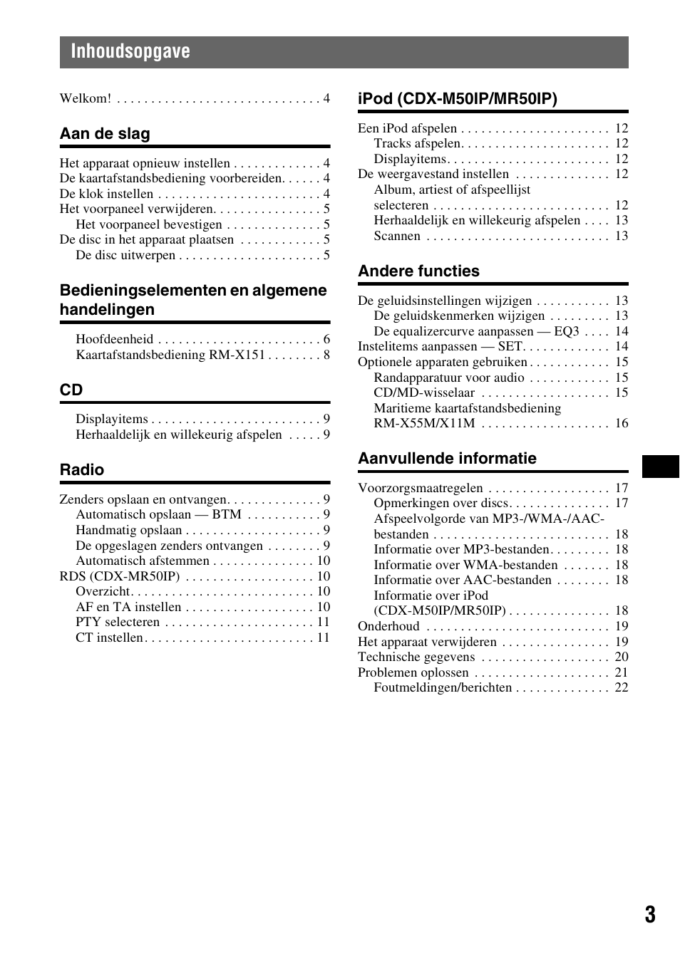 Inhoudsopgave | Sony CDX-M30 User Manual | Page 103 / 148